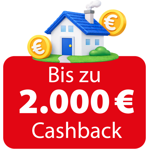 3D-Illustration: Haus mit blauem Dach und goldene Euro-Münzen vor rotem Banner „Bis zu 2.000€ Cashback“